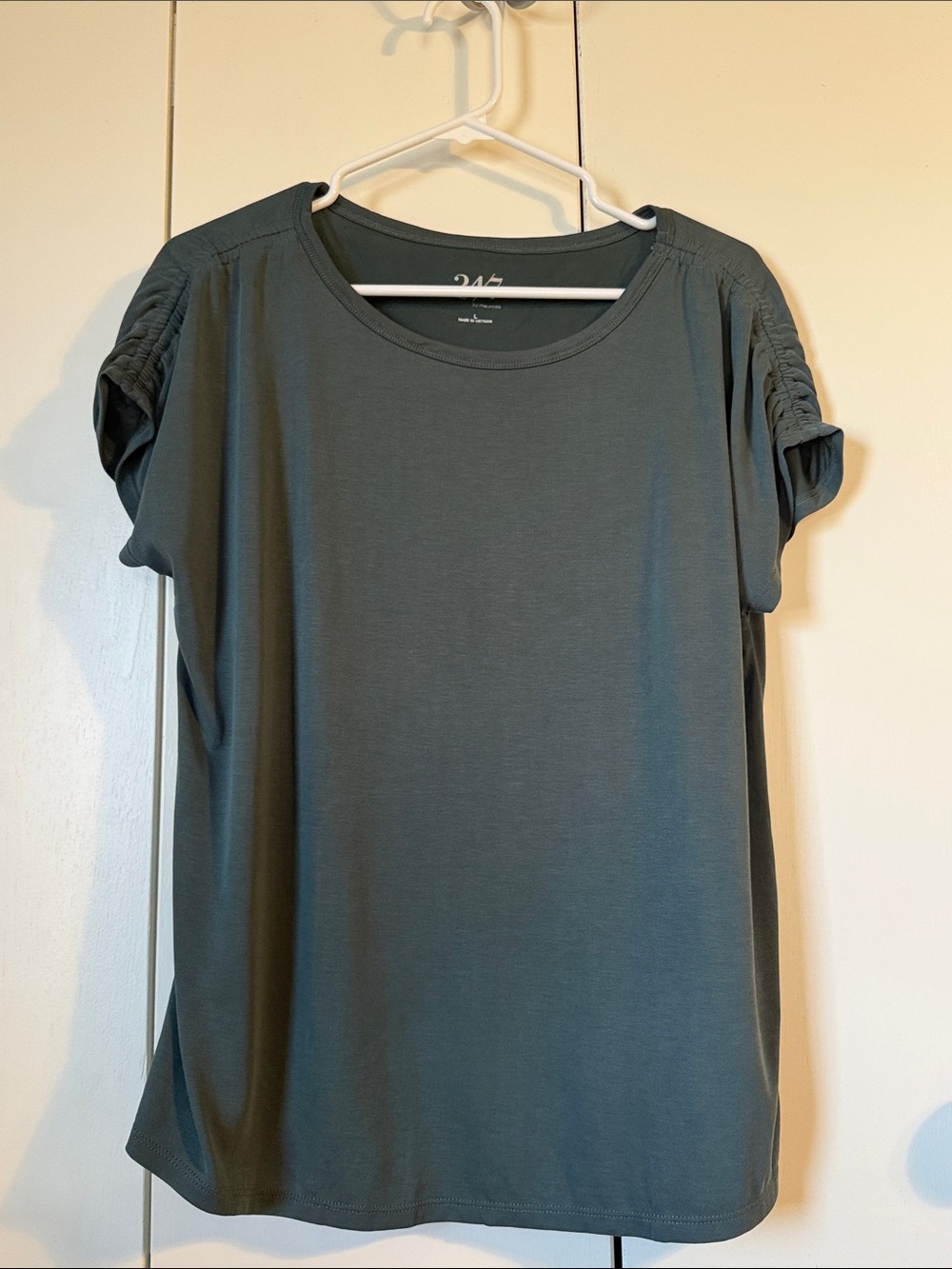 Women’s Slate Green Crewneck Tee with Ruched Short Sleeves